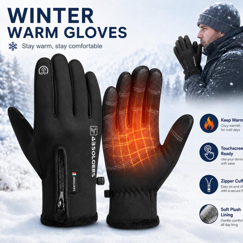 Winter Cycling Commute - ถุงมือกันหนาวแบบสัมผัสหน้าจอได้พร้อมซิปที่ข้อมือ ถุงมือเต็มนิ้วสำหรับปั่นจักรยาน เดินทาง ขับรถ และกิจกรรมกลางแจ้ง