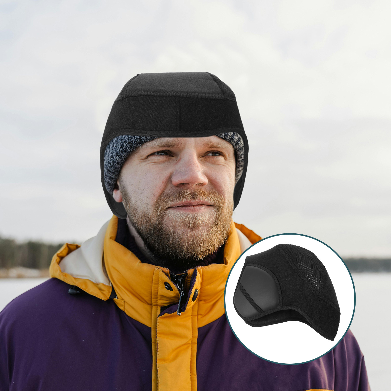 Winter Cycling Commute - แผ่นปิดหูกันลมสำหรับปั่นจักรยาน หมวกซับในกันหนาวสำหรับฤดูหนาว ซับในหมวกนิรภัยสำหรับการเดินทางด้วยจักรยานและงานเชื่อม สีดำ